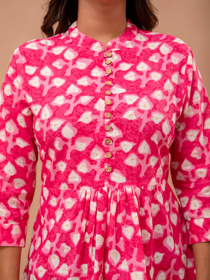 Floral Printed Pure Cotton Pleated A-Line Kurti