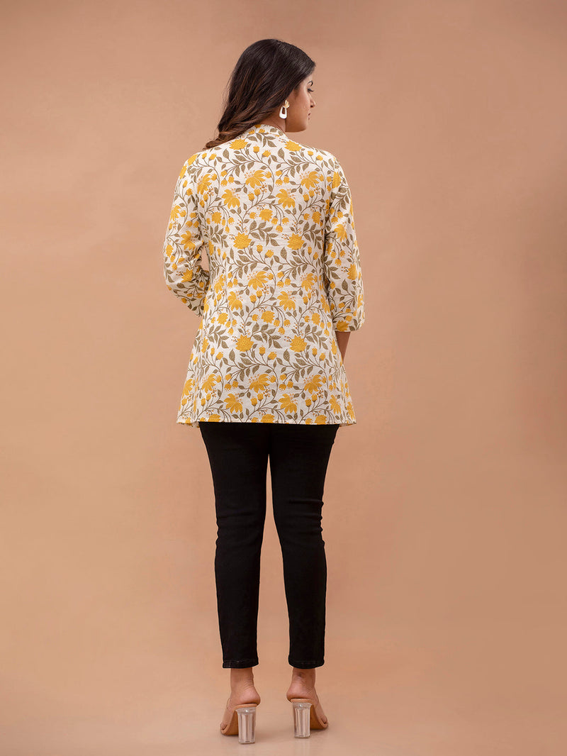 Floral Printed Pure Cotton Pleated A-Line Kurti