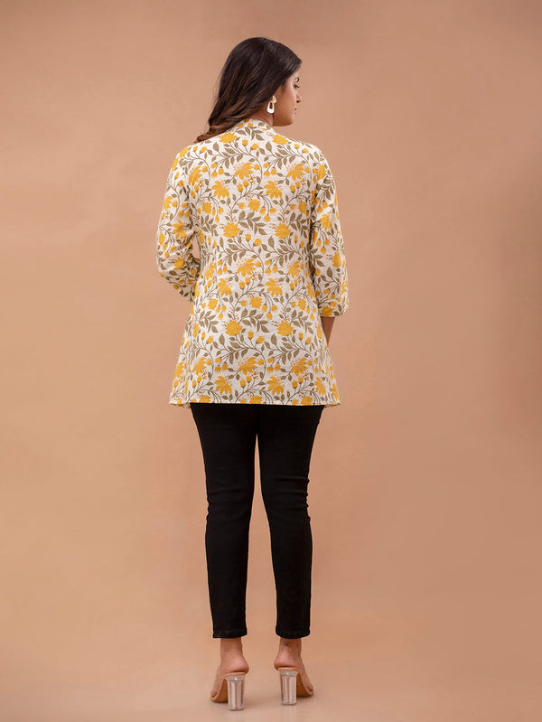 Floral Printed Pure Cotton Pleated A-Line Kurti