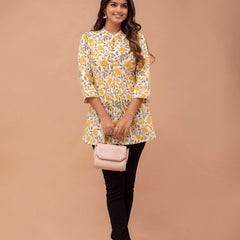 Floral Printed Pure Cotton Pleated A-Line Kurti