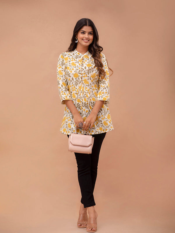 Floral Printed Pure Cotton Pleated A-Line Kurti