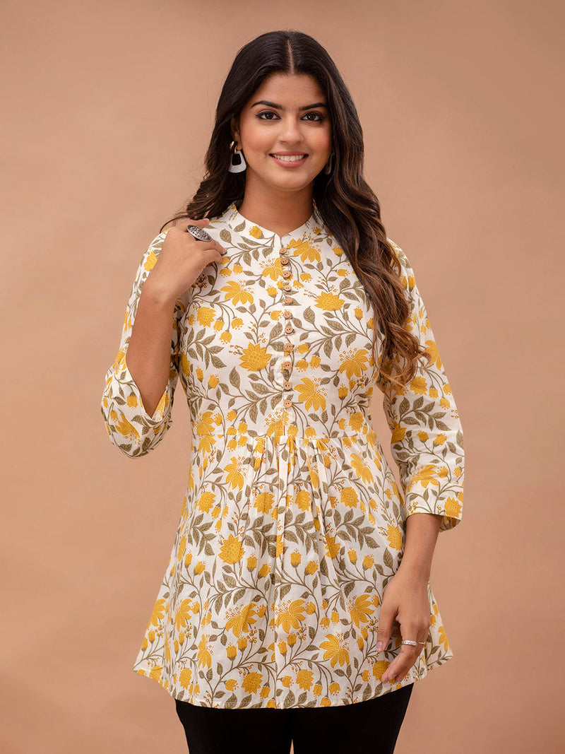 Floral Printed Pure Cotton Pleated A-Line Kurti