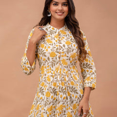 Floral Printed Pure Cotton Pleated A-Line Kurti