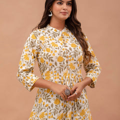 Floral Printed Pure Cotton Pleated A-Line Kurti