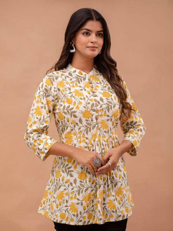 Floral Printed Pure Cotton Pleated A-Line Kurti