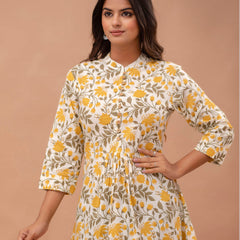 Floral Printed Pure Cotton Pleated A-Line Kurti