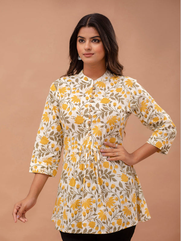 Floral Printed Pure Cotton Pleated A-Line Kurti