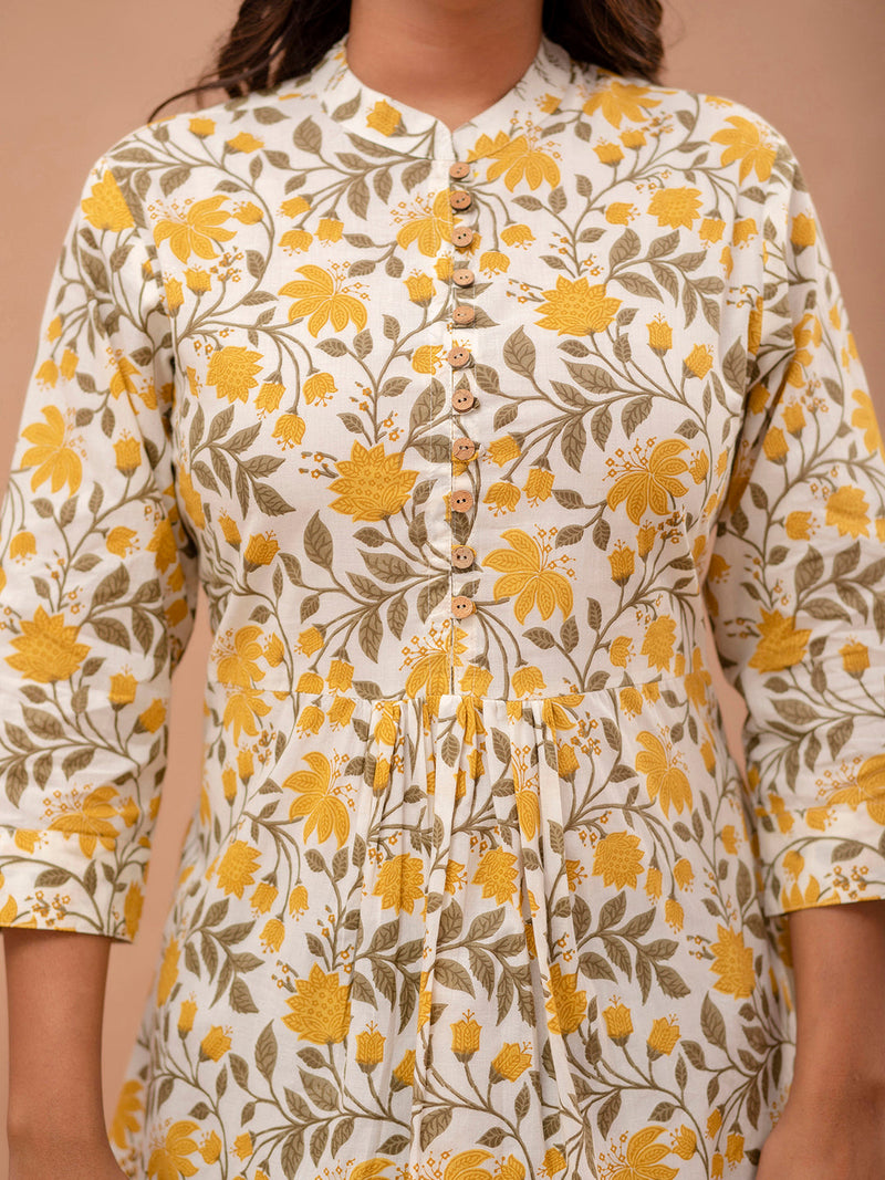 Floral Printed Pure Cotton Pleated A-Line Kurti