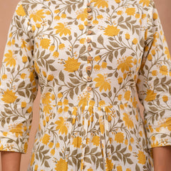 Floral Printed Pure Cotton Pleated A-Line Kurti