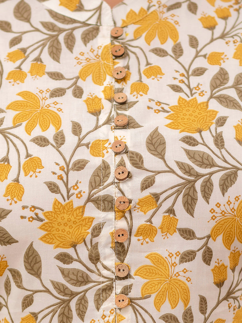 Floral Printed Pure Cotton Pleated A-Line Kurti