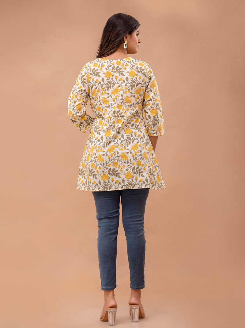 Floral Printed V-Neck Angrakha A-Line Kurti