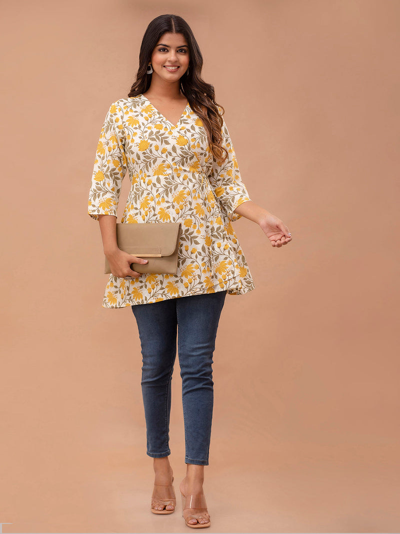 Floral Printed V-Neck Angrakha A-Line Kurti