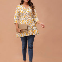 Floral Printed V-Neck Angrakha A-Line Kurti