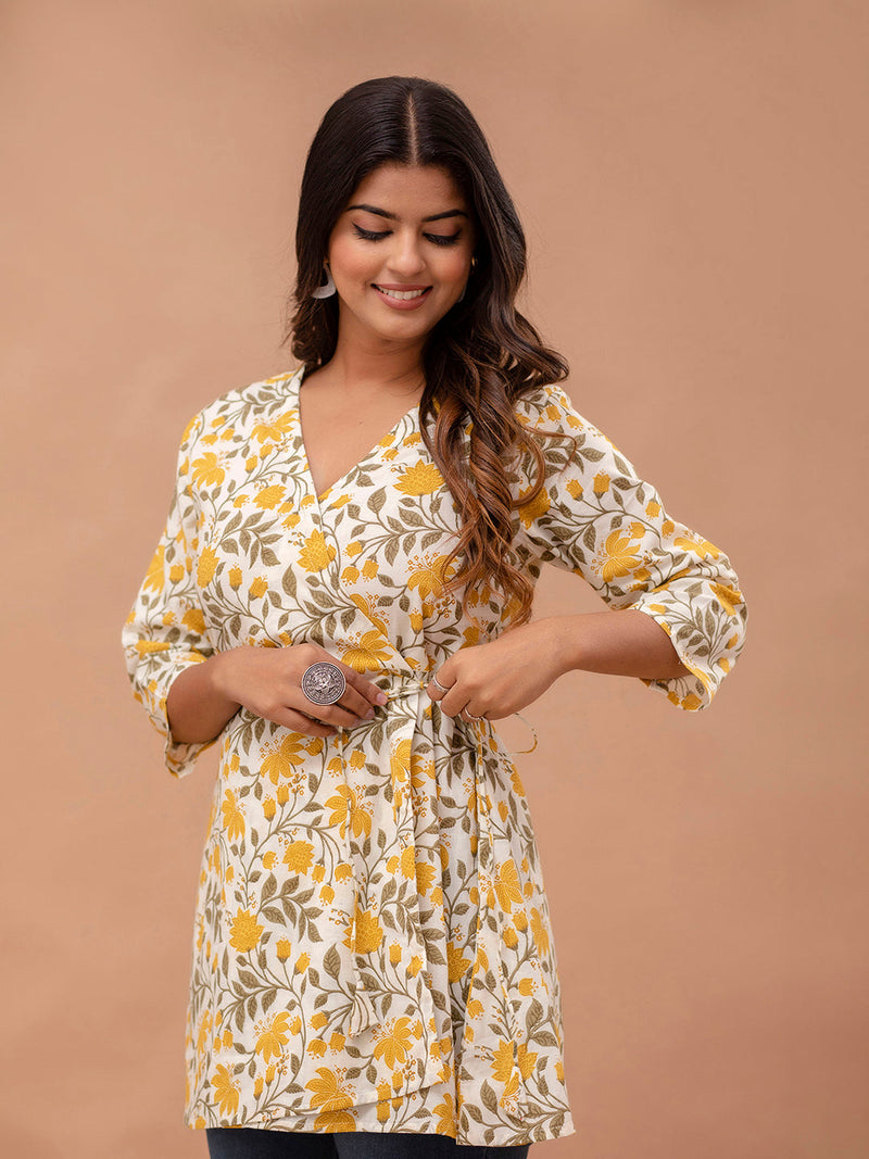 Floral Printed V-Neck Angrakha A-Line Kurti