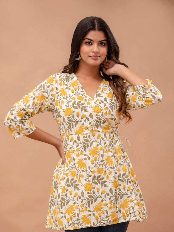 Floral Printed V-Neck Angrakha A-Line Kurti