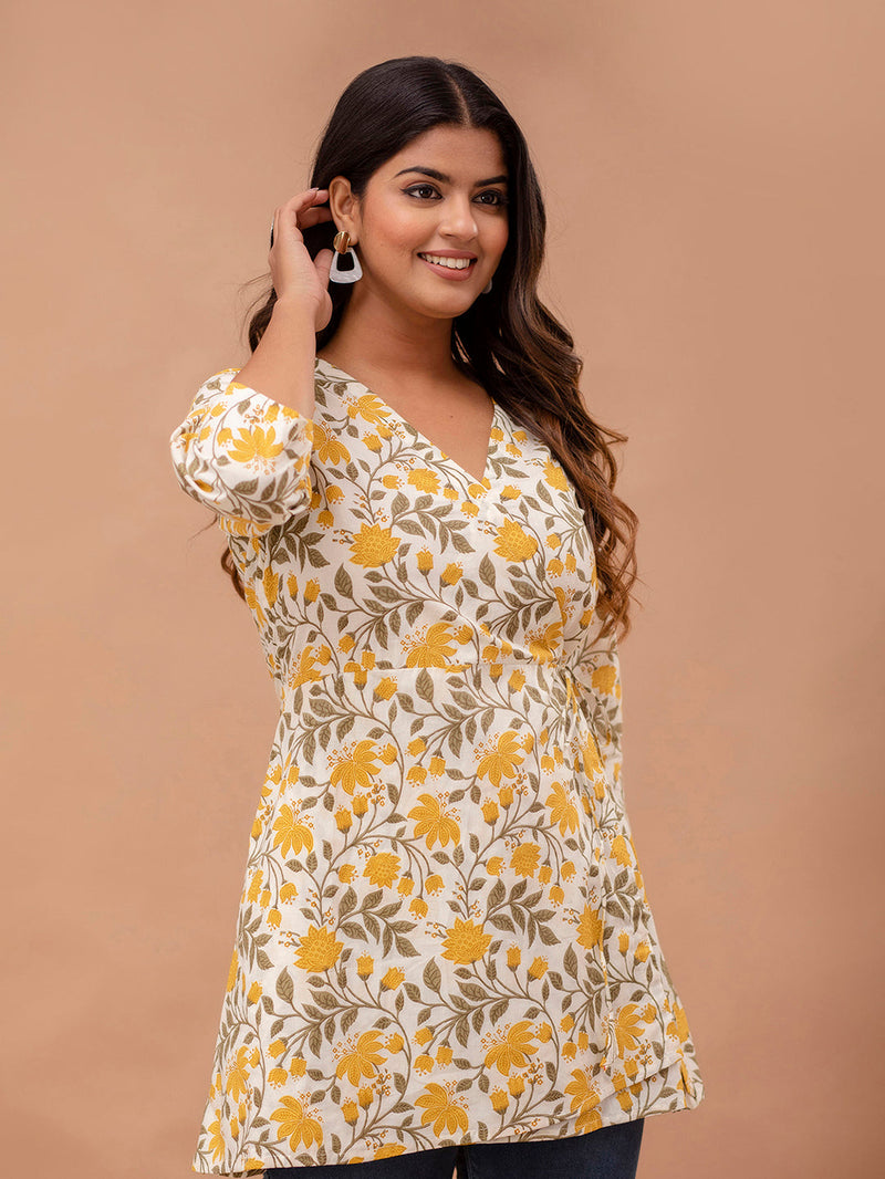 Floral Printed V-Neck Angrakha A-Line Kurti