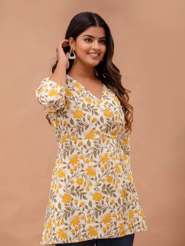 Floral Printed V-Neck Angrakha A-Line Kurti