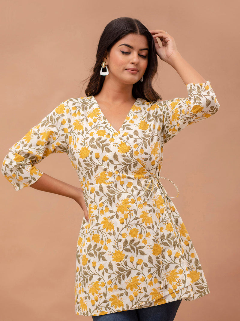 Floral Printed V-Neck Angrakha A-Line Kurti