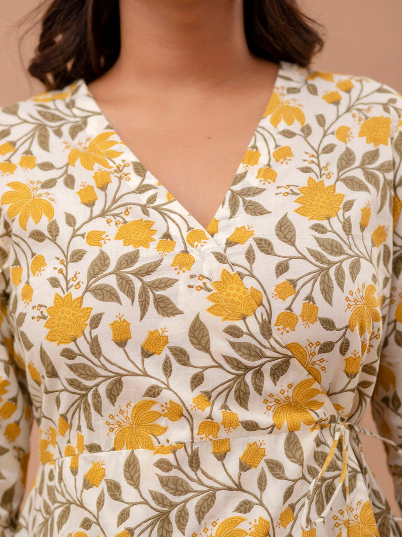 Floral Printed V-Neck Angrakha A-Line Kurti