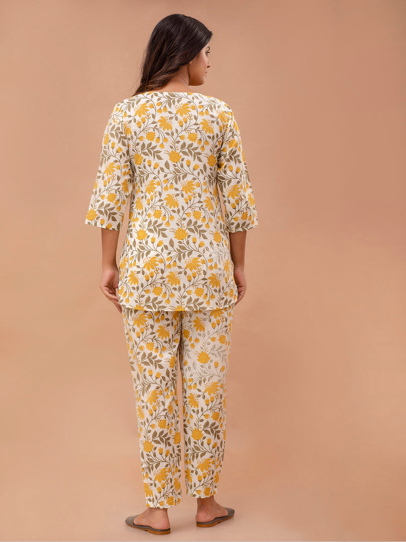 White Printed Cotton Night Suit with V-Neck Kurti & Ankle-Length Pants