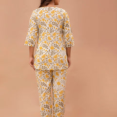 White Printed Cotton Night Suit with V-Neck Kurti & Ankle-Length Pants