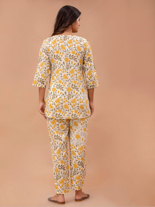 White Printed Cotton Night Suit with V-Neck Kurti & Ankle-Length Pants