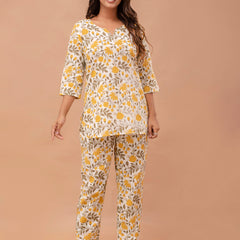 White Printed Cotton Night Suit with V-Neck Kurti & Ankle-Length Pants