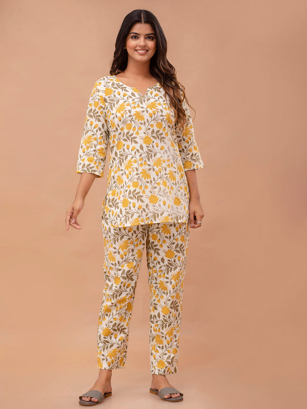 White Printed Cotton Night Suit with V-Neck Kurti & Ankle-Length Pants