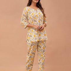 White Printed Cotton Night Suit with V-Neck Kurti & Ankle-Length Pants