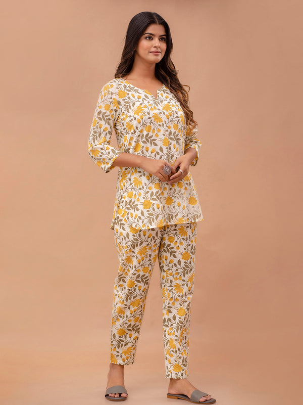 White Printed Cotton Night Suit with V-Neck Kurti & Ankle-Length Pants