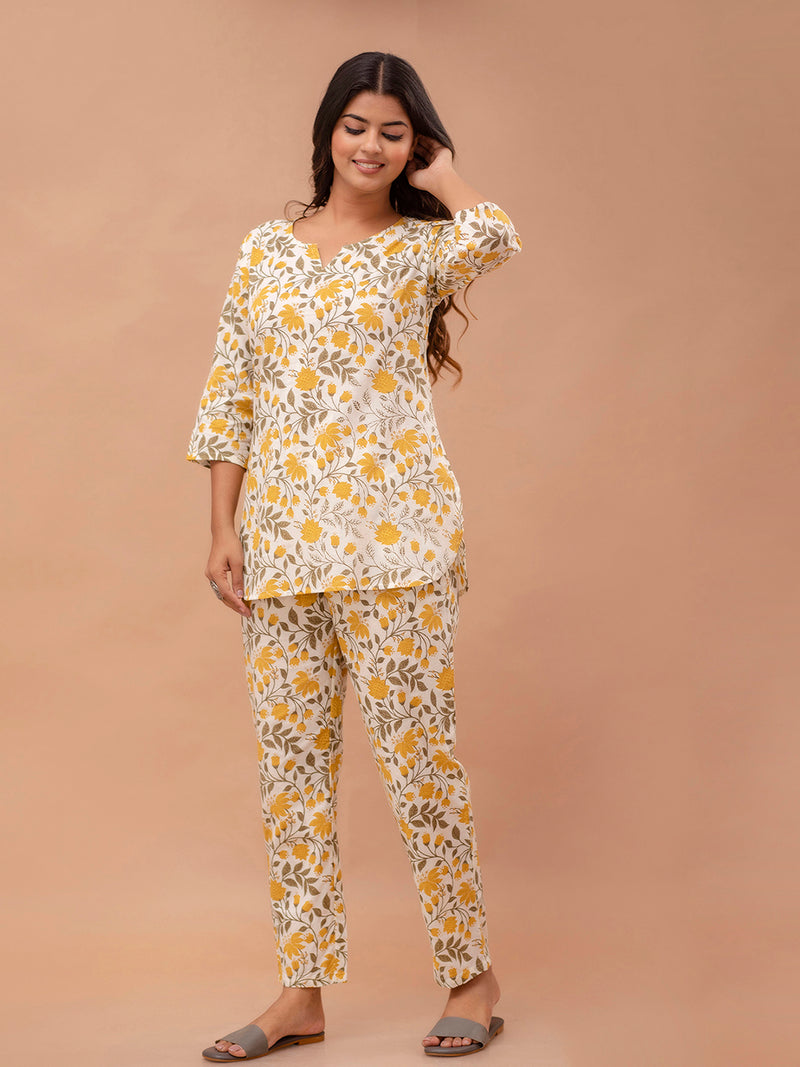 White Printed Cotton Night Suit with V-Neck Kurti & Ankle-Length Pants