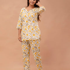 White Printed Cotton Night Suit with V-Neck Kurti & Ankle-Length Pants