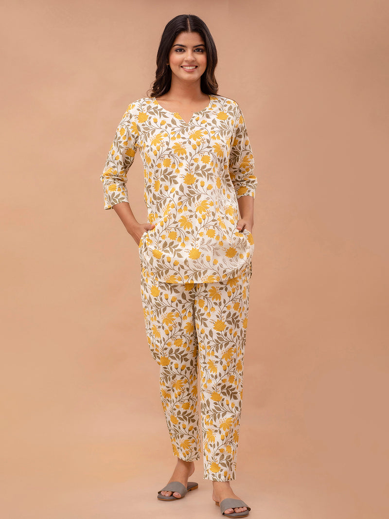 White Printed Cotton Night Suit with V-Neck Kurti & Ankle-Length Pants