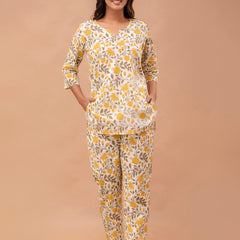 White Printed Cotton Night Suit with V-Neck Kurti & Ankle-Length Pants