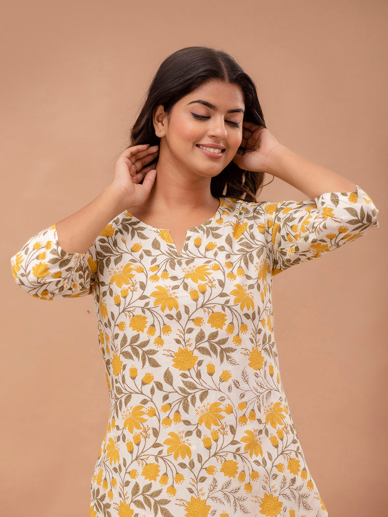 White Printed Cotton Night Suit with V-Neck Kurti & Ankle-Length Pants