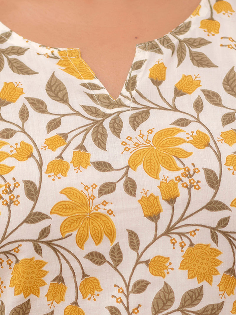 White Printed Cotton Night Suit with V-Neck Kurti & Ankle-Length Pants