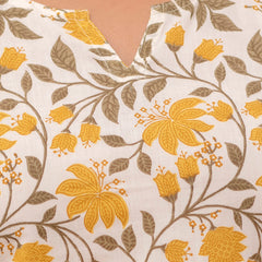 White Printed Cotton Night Suit with V-Neck Kurti & Ankle-Length Pants