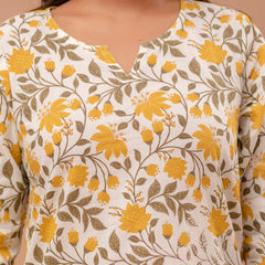 White Printed Cotton Night Suit with V-Neck Kurti & Ankle-Length Pants