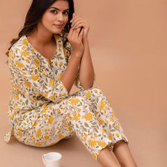 White Printed Cotton Night Suit with V-Neck Kurti & Ankle-Length Pants