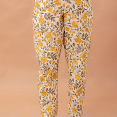 White Printed Cotton Night Suit with V-Neck Kurti & Ankle-Length Pants