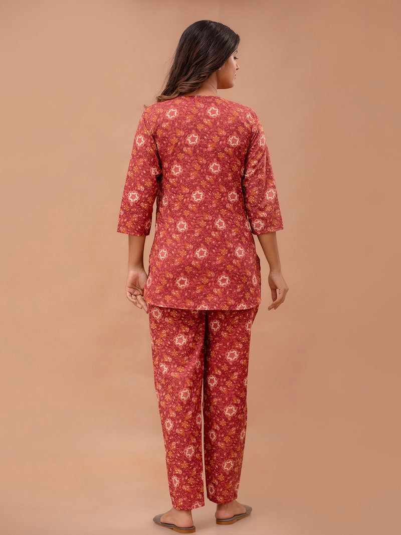 Maroon Printed Cotton Night Suit with V-Neck Kurti & Ankle-Length Pants
