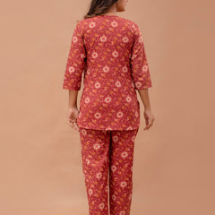 Maroon Printed Cotton Night Suit with V-Neck Kurti & Ankle-Length Pants