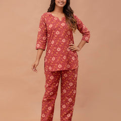 Maroon Printed Cotton Night Suit with V-Neck Kurti & Ankle-Length Pants