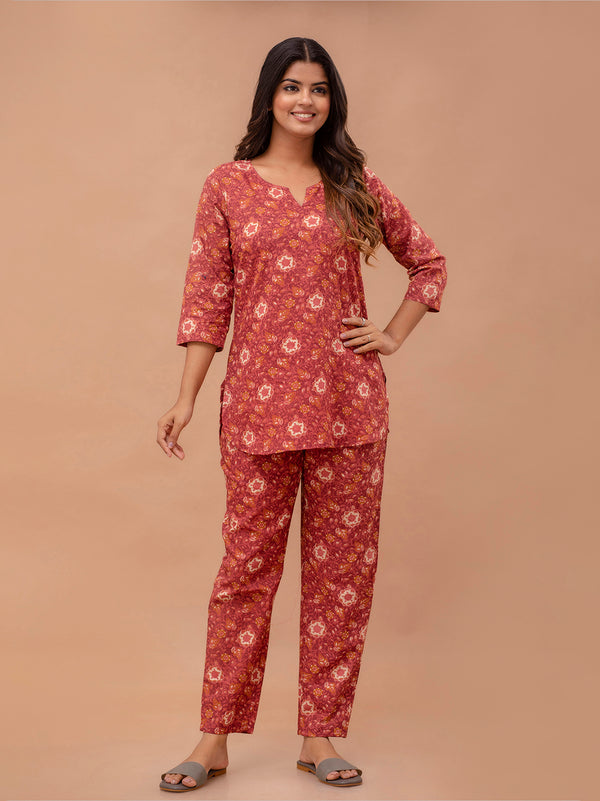 Maroon Printed Cotton Night Suit with V-Neck Kurti & Ankle-Length Pants