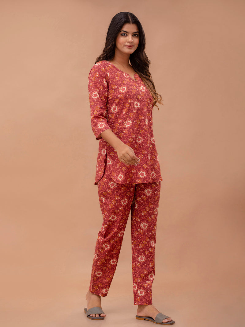Maroon Printed Cotton Night Suit with V-Neck Kurti & Ankle-Length Pants