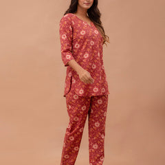 Maroon Printed Cotton Night Suit with V-Neck Kurti & Ankle-Length Pants