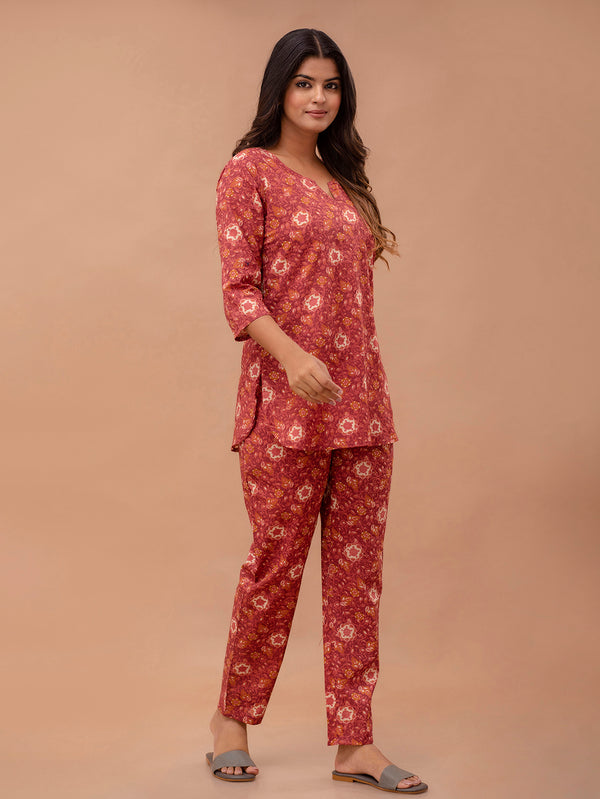 Maroon Printed Cotton Night Suit with V-Neck Kurti & Ankle-Length Pants