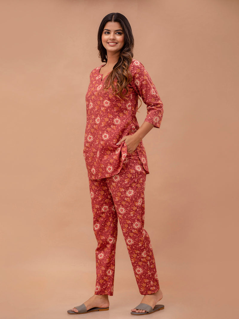 Maroon Printed Cotton Night Suit with V-Neck Kurti & Ankle-Length Pants