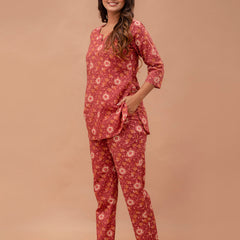 Maroon Printed Cotton Night Suit with V-Neck Kurti & Ankle-Length Pants