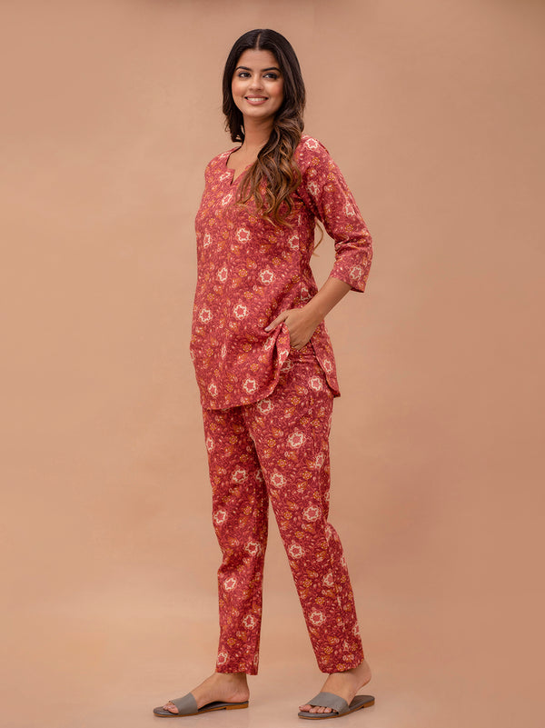 Maroon Printed Cotton Night Suit with V-Neck Kurti & Ankle-Length Pants